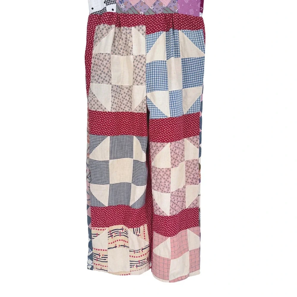 Antique Patchwork Quilt Jumpsuit Sz M Handmade Wide Leg Lined Cottagecore Artsy